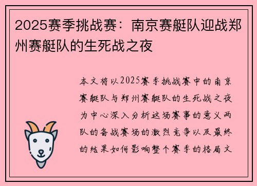 2025赛季挑战赛：南京赛艇队迎战郑州赛艇队的生死战之夜